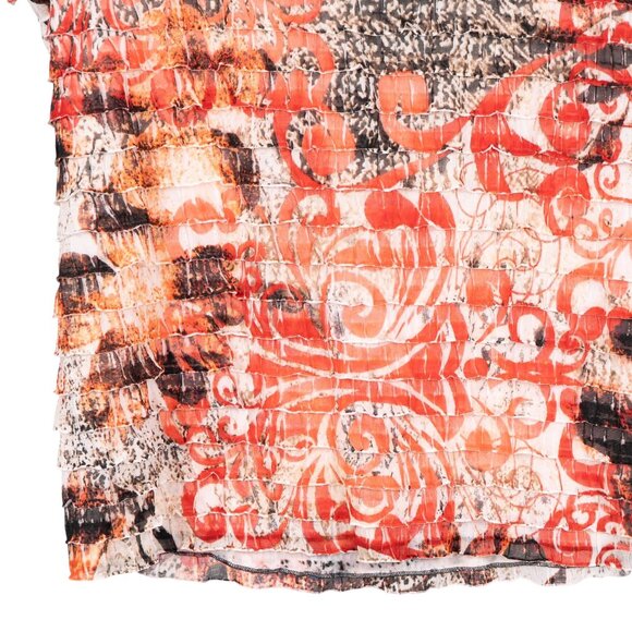 Cato Ruffle Shirt L Womens Abstract Print Short Sleeve Orange Black White Polyes - Picture 3 of 5